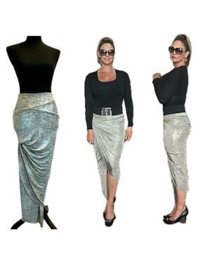 Sirens metallic silver taupe brown draped asymmetrical mermaid bodycon skirt